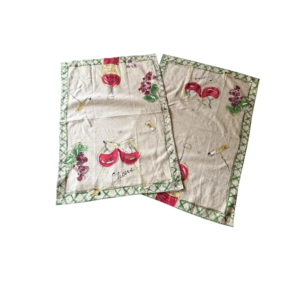 Julia Junkin Studio Placemats Beige Wine Grapes Cheers Set of 2 Western Linen